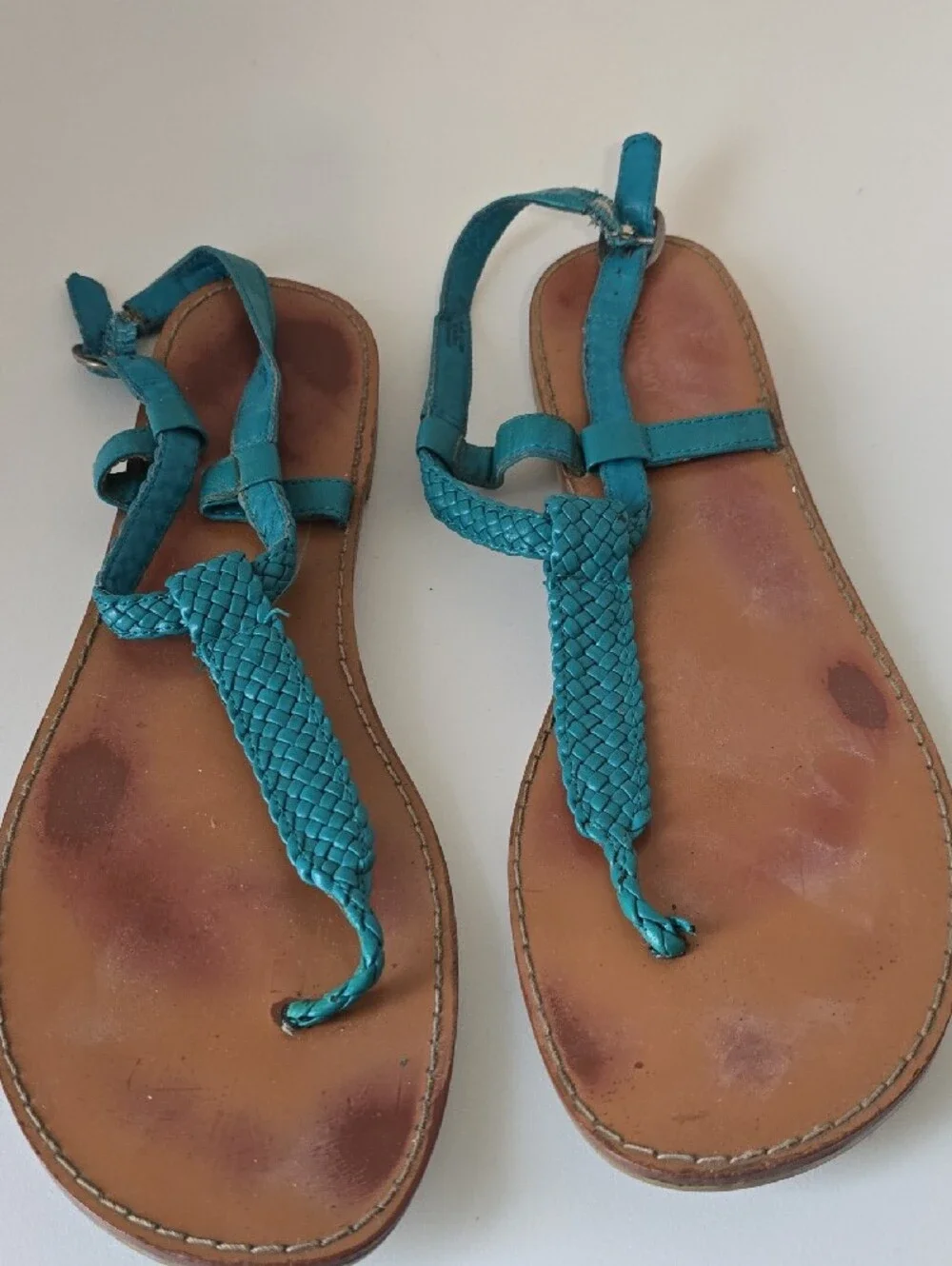 Women’s Teal Braided T-Strap Sandals